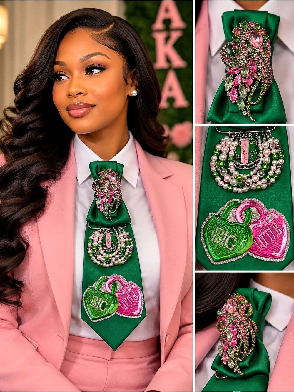 Embellished Green & Pink AKA sorority tie